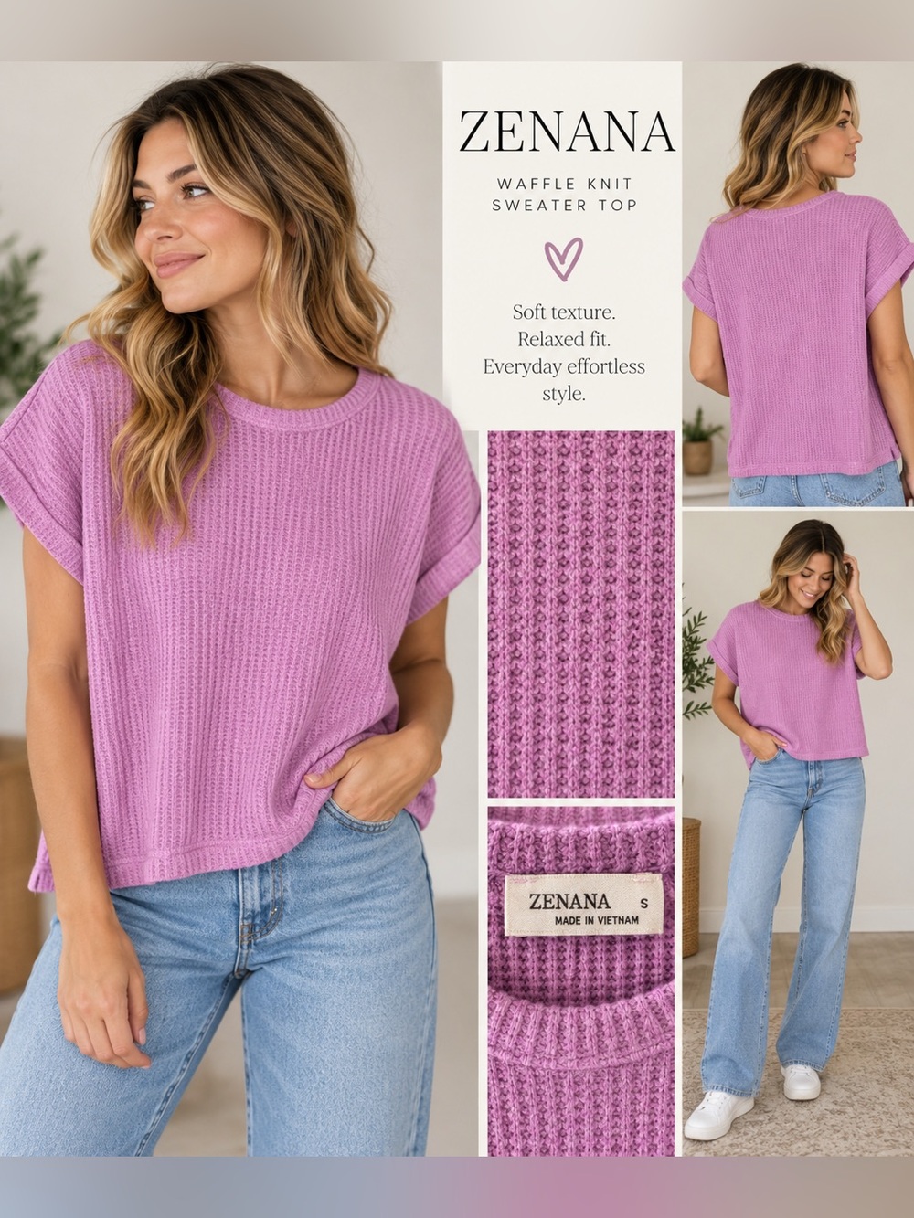 Zenana Outfitters Lavender Waffle Knit Short Sleeve Sweater Top